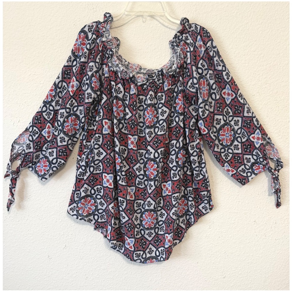 Michael Kors Peasant Top‎ XL Boho Geometric Medallion Tie Sleeve Red Blue White